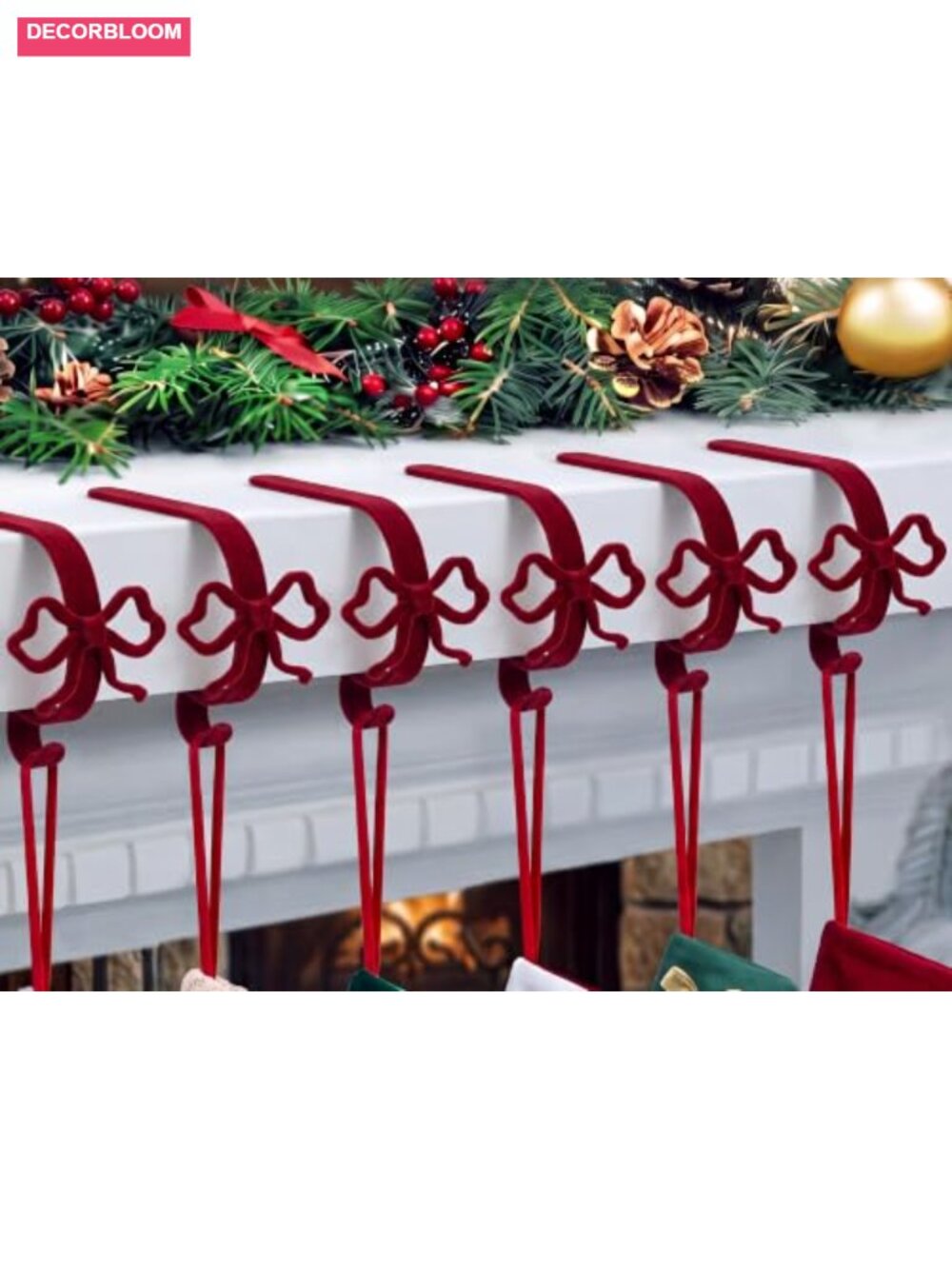 6 Pcs Christmas Stocking Hangers Mantle Hooks with Bow Adjustable Bracket